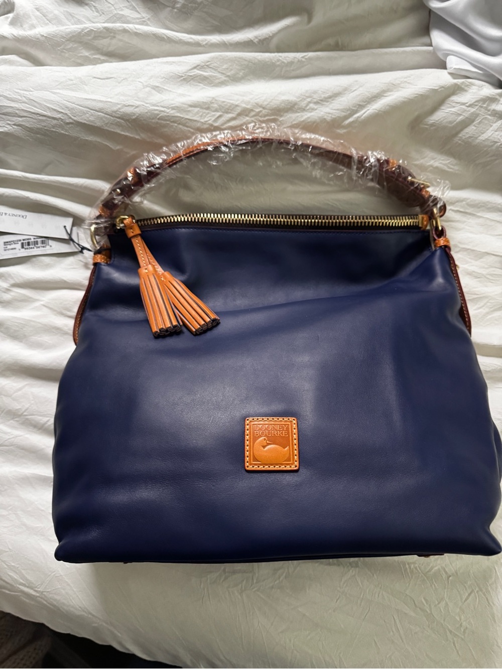 Dooney & Bourke Navy Leather Shoulder Bag with Tan Trim